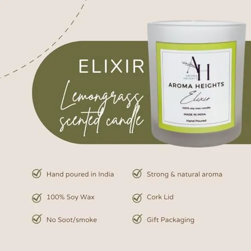 Aroma Heights Elixir Scented Candle | Black Jar | 100% Soy Wax Candle for Home Decor & Aromatherapy | Lemongrass Scent | 160 GMS | Burn Time Upto 70 Hours | Best Fragrance Candle for Gifting