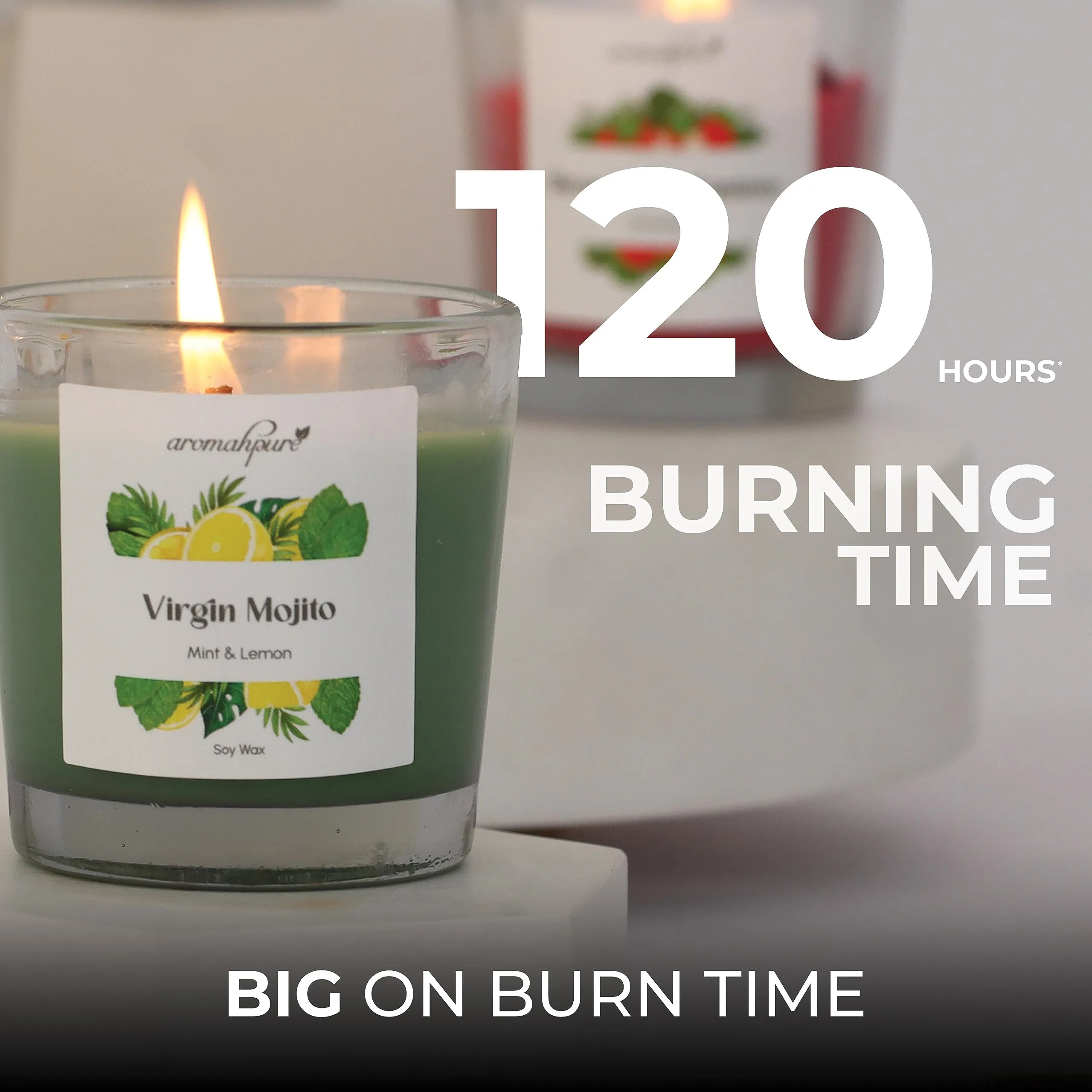 Aromahpure Scented Candle (120 Hours) | Strawberry, Frangipani, Lemongrass, Mint & Lemon Scented Candle | 100% Soy wax, Smokeless Candle | Pack of 8 | Long Lasting Aroma Candles| Scented Candles For Home Décor
