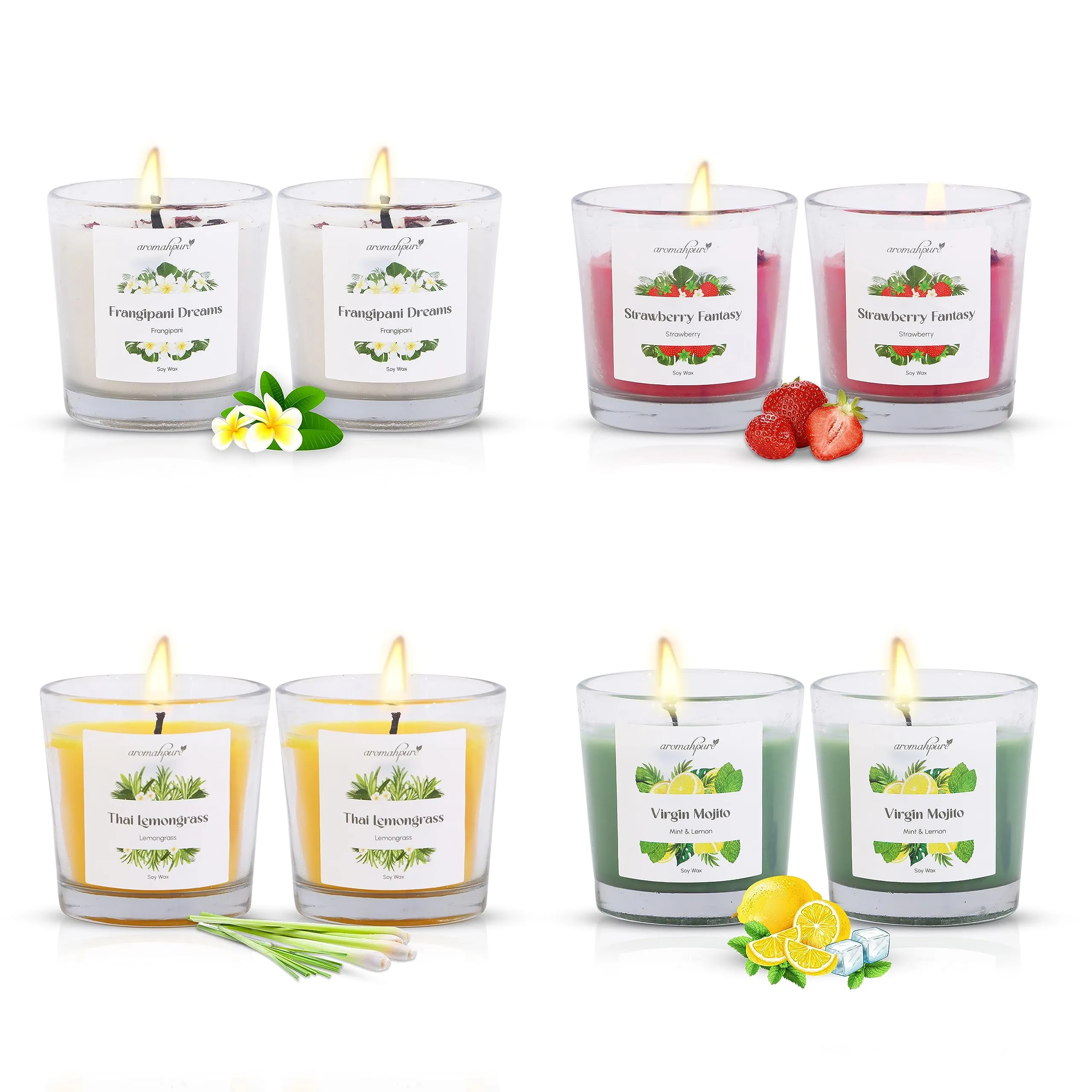 Aromahpure Scented Candle (120 Hours) | Strawberry, Frangipani, Lemongrass, Mint & Lemon Scented Candle | 100% Soy wax, Smokeless Candle | Pack of 8 | Long Lasting Aroma Candles| Scented Candles For Home Décor