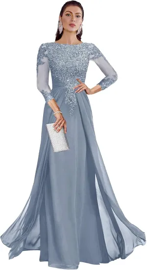 AUMEELAM Lace Applique Mother of The Birde Dress for Wedding 3/4 Sleeves Crew Neck Formal Dresses for Women