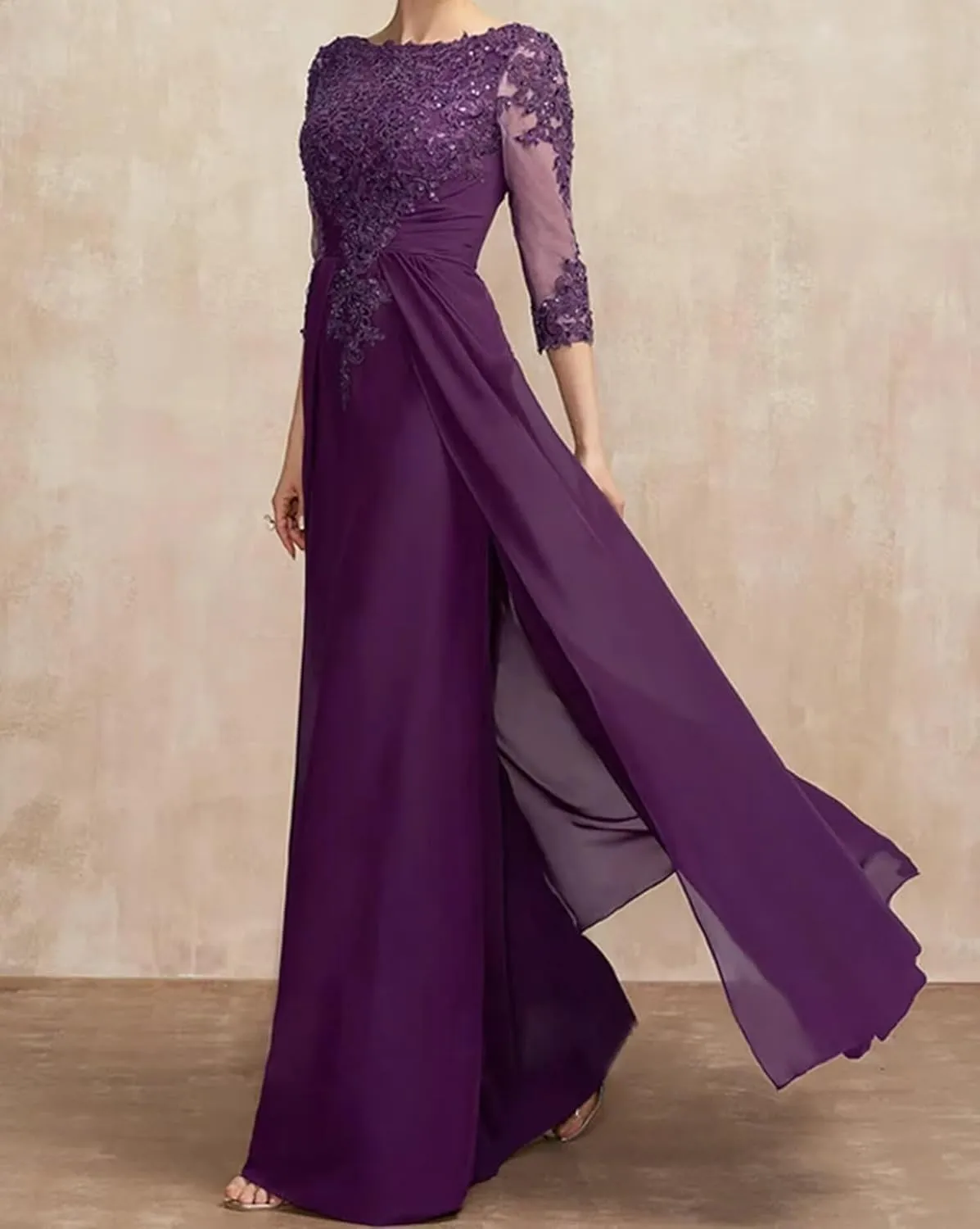 AUMEELAM Lace Applique Mother of The Birde Dress for Wedding 3/4 Sleeves Crew Neck Formal Dresses for Women