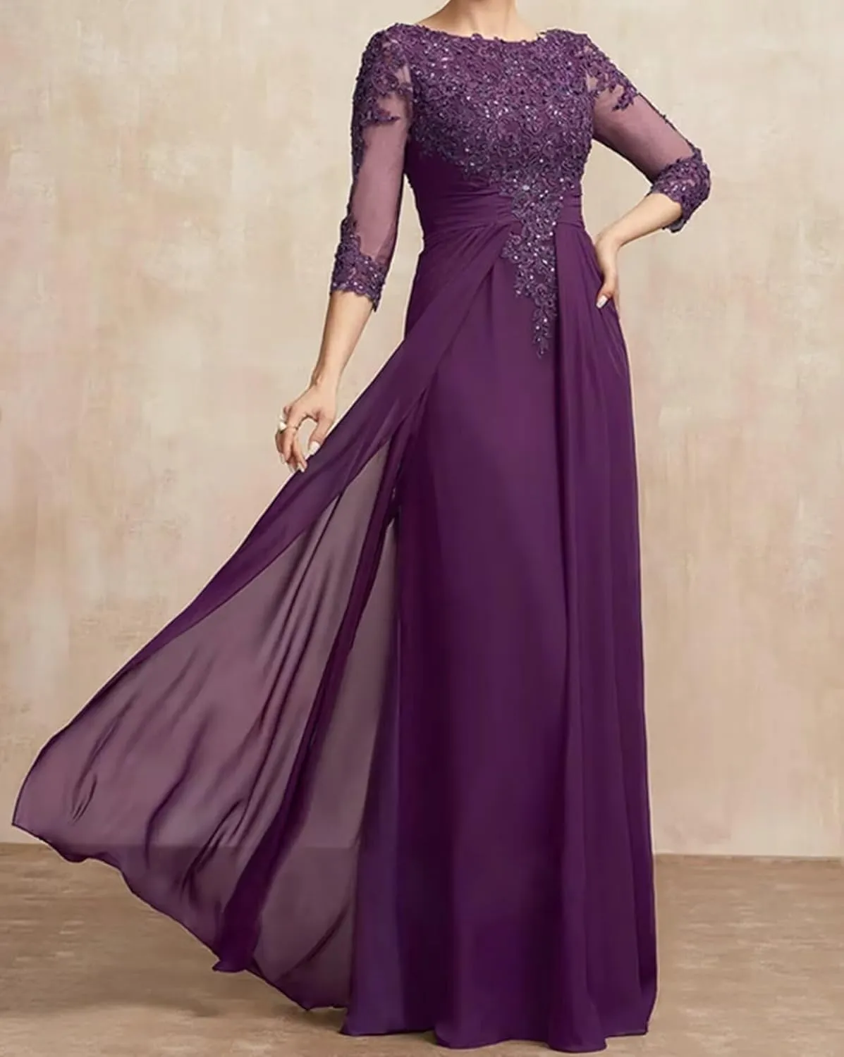 AUMEELAM Lace Applique Mother of The Birde Dress for Wedding 3/4 Sleeves Crew Neck Formal Dresses for Women