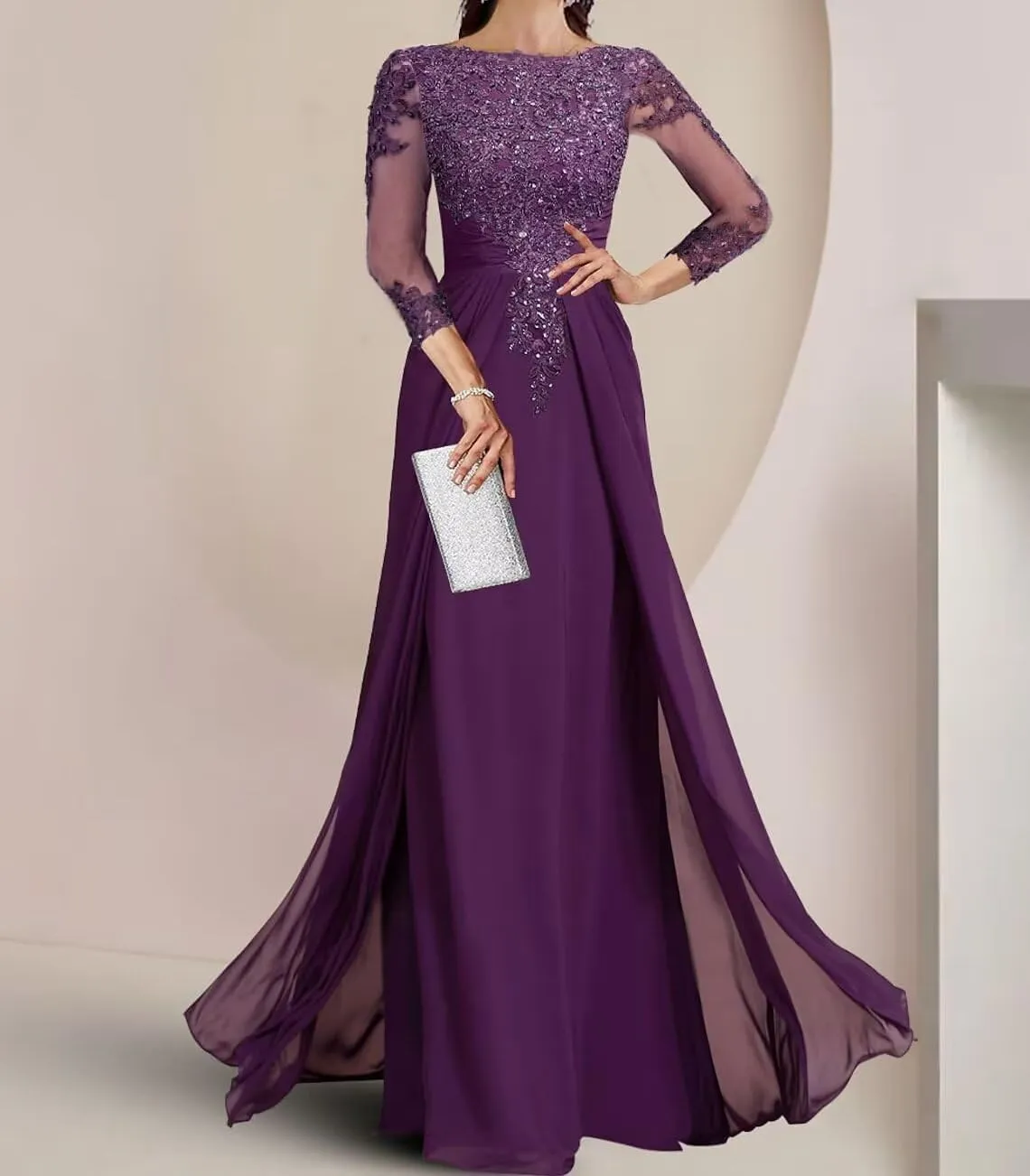 AUMEELAM Lace Applique Mother of The Birde Dress for Wedding 3/4 Sleeves Crew Neck Formal Dresses for Women