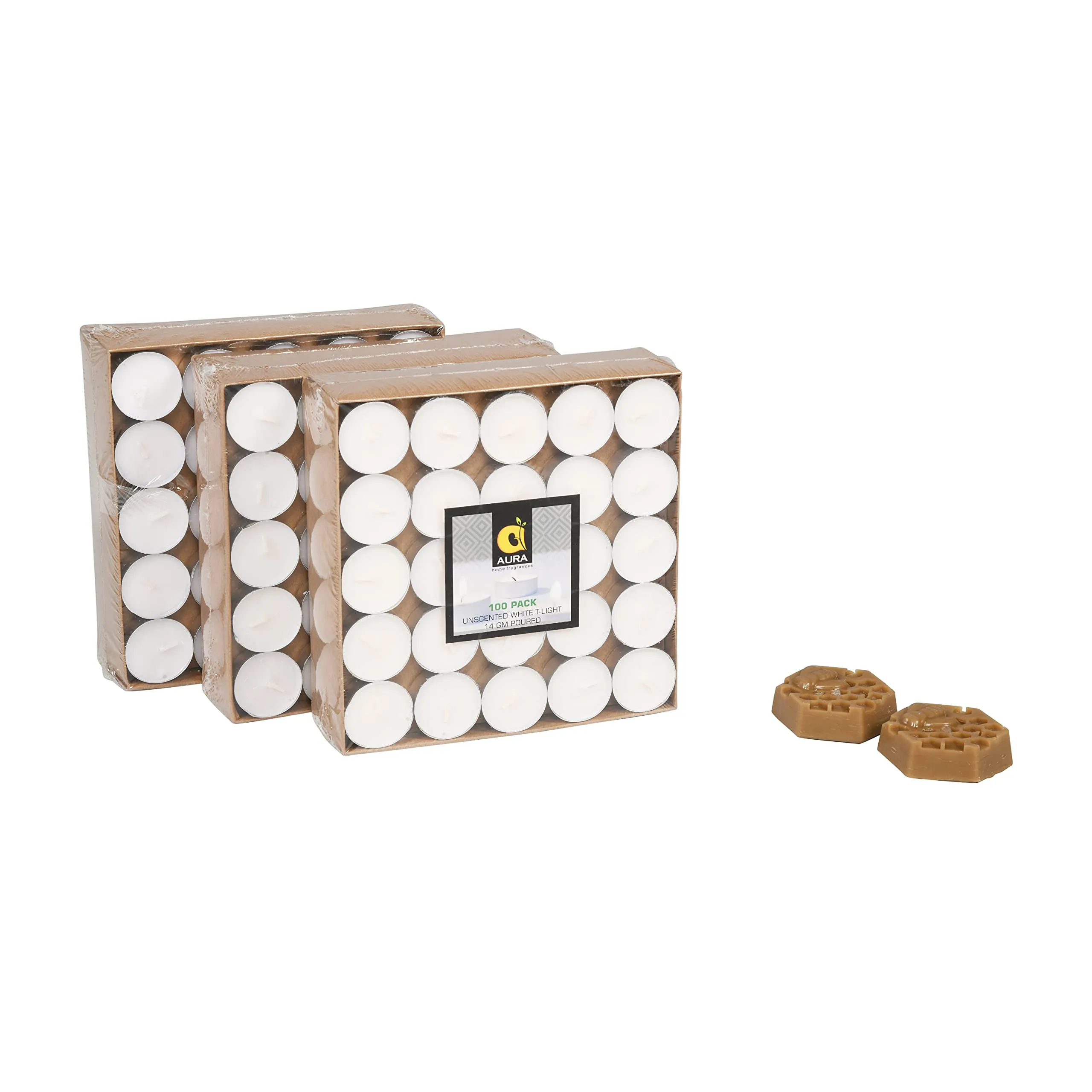 AURA Unscented Soy Wax Tea Light Candles with Bees Wax Bar (Pack of 300   2 Bees Wax Pellets), White