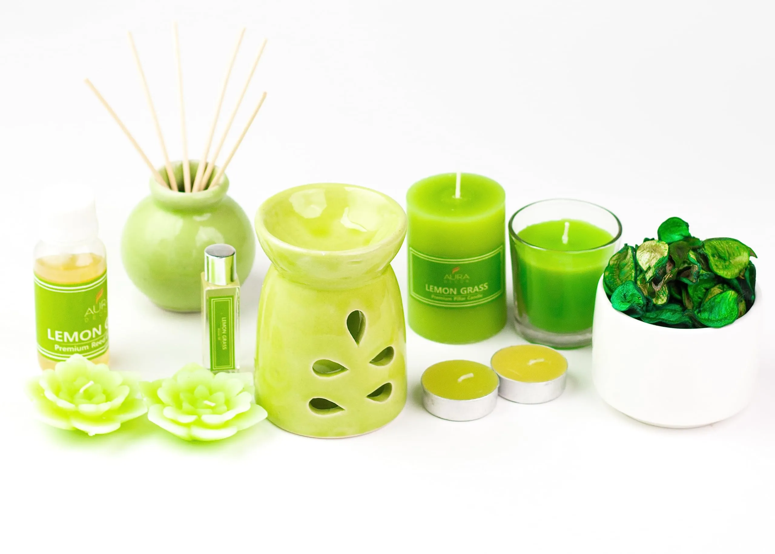 AuraDecor Aromatheraphy Gift Set Combo || Diffuser || Reed Diffuser || Votive Candle || Tealight Candle || Potpourri || Pillar Candle || Floating Candle (Lemon Grass)
