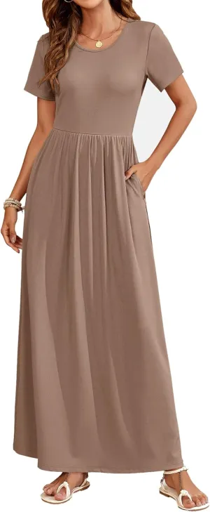 AUSELILY Womens Maxi Dress Casual Short Sleeve Summer Dresses Crewneck Sundresses with Pockets