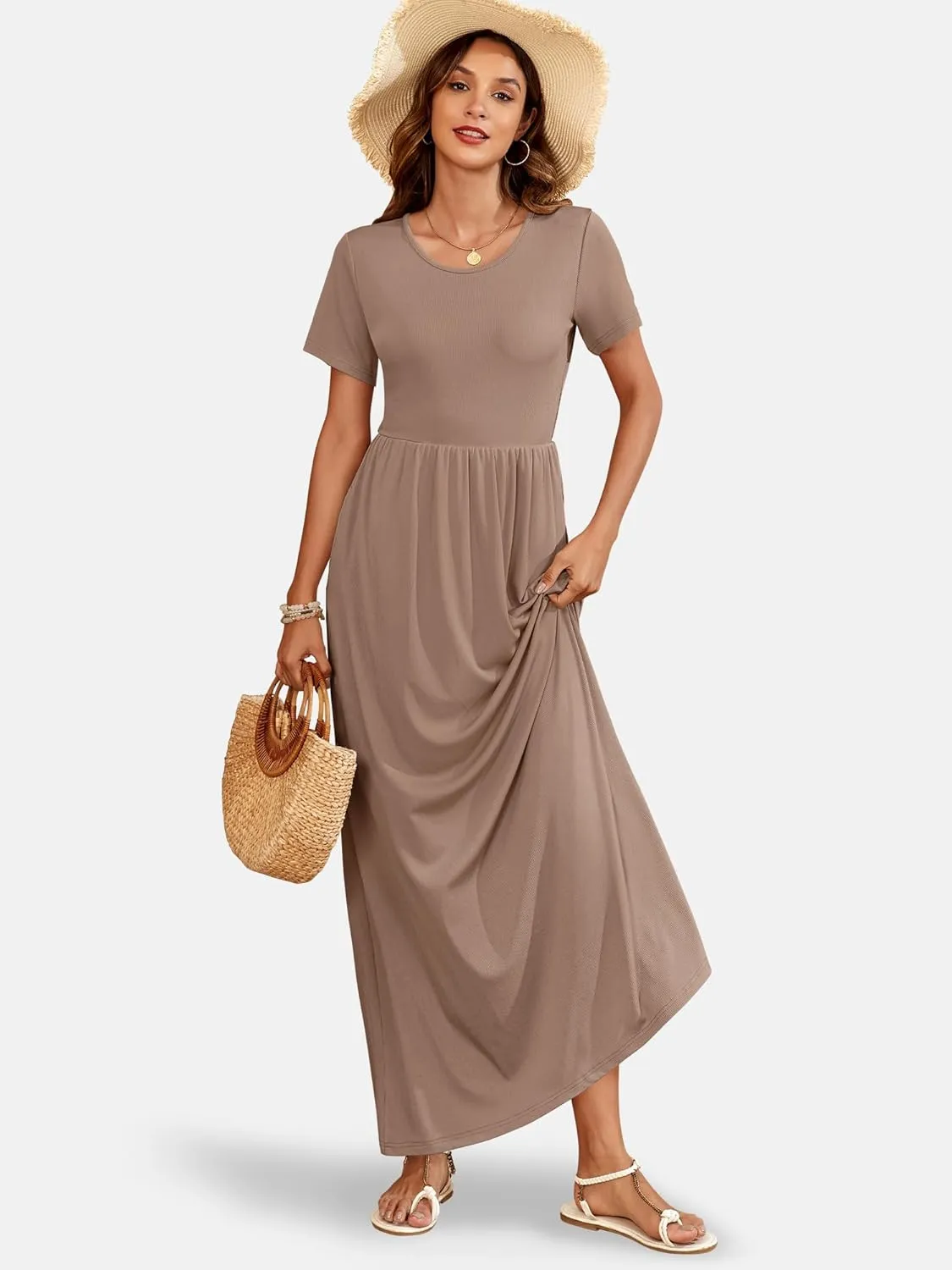 AUSELILY Womens Maxi Dress Casual Short Sleeve Summer Dresses Crewneck Sundresses with Pockets