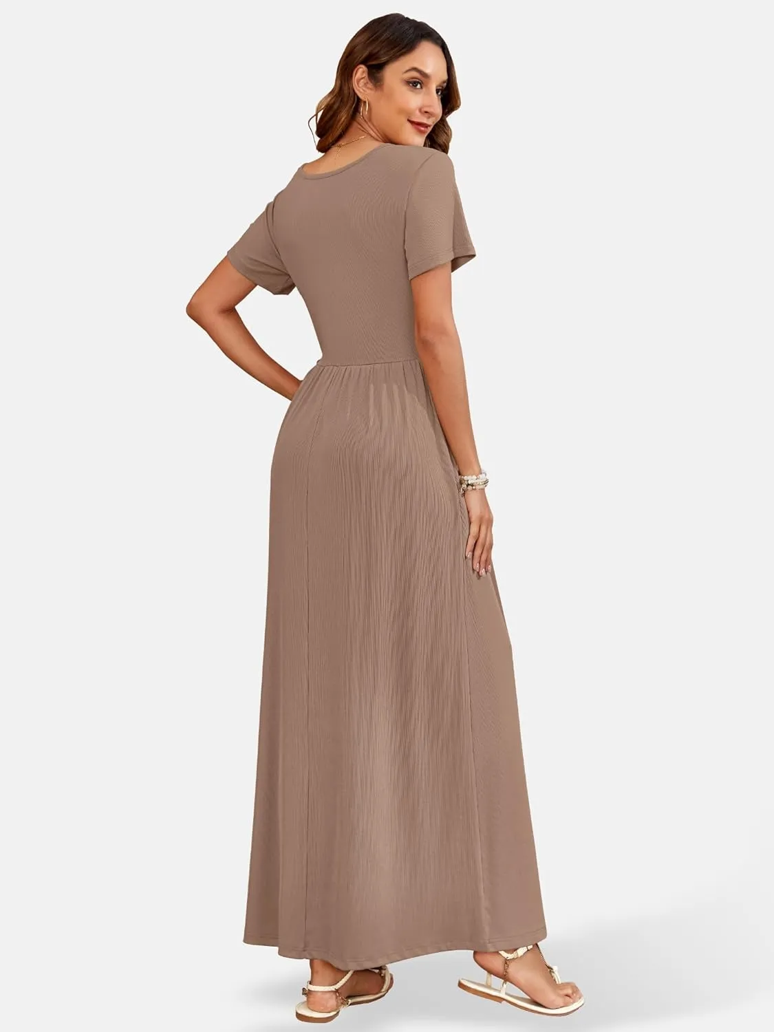AUSELILY Womens Maxi Dress Casual Short Sleeve Summer Dresses Crewneck Sundresses with Pockets