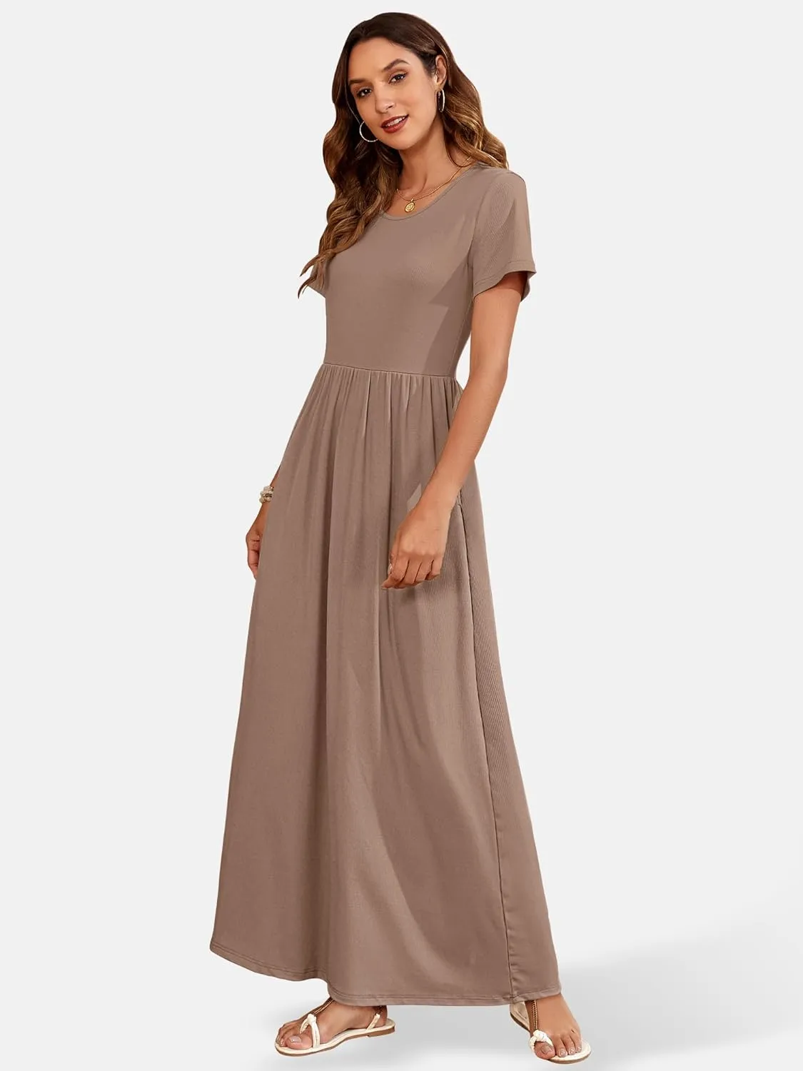 AUSELILY Womens Maxi Dress Casual Short Sleeve Summer Dresses Crewneck Sundresses with Pockets