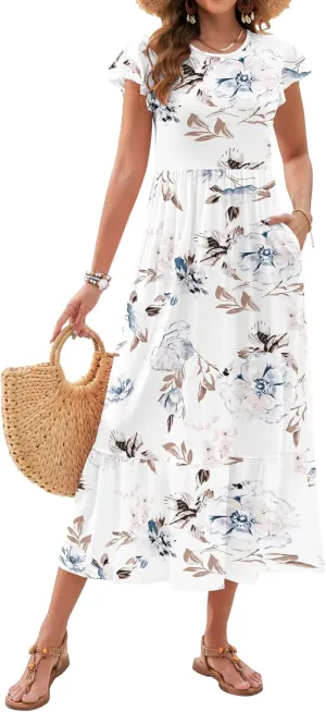 AUSELILY Womens Summer Maxi Dresses 2025 Casual Ruffle Sleeve Crewneck Loose Flowy Tiered Beach Sundress with Pockets