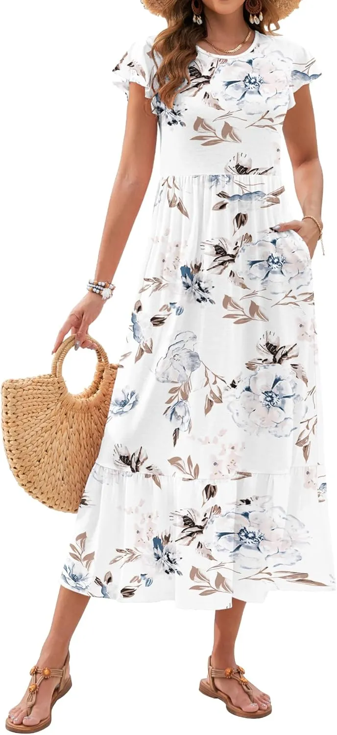AUSELILY Womens Summer Maxi Dresses 2025 Casual Ruffle Sleeve Crewneck Loose Flowy Tiered Beach Sundress with Pockets