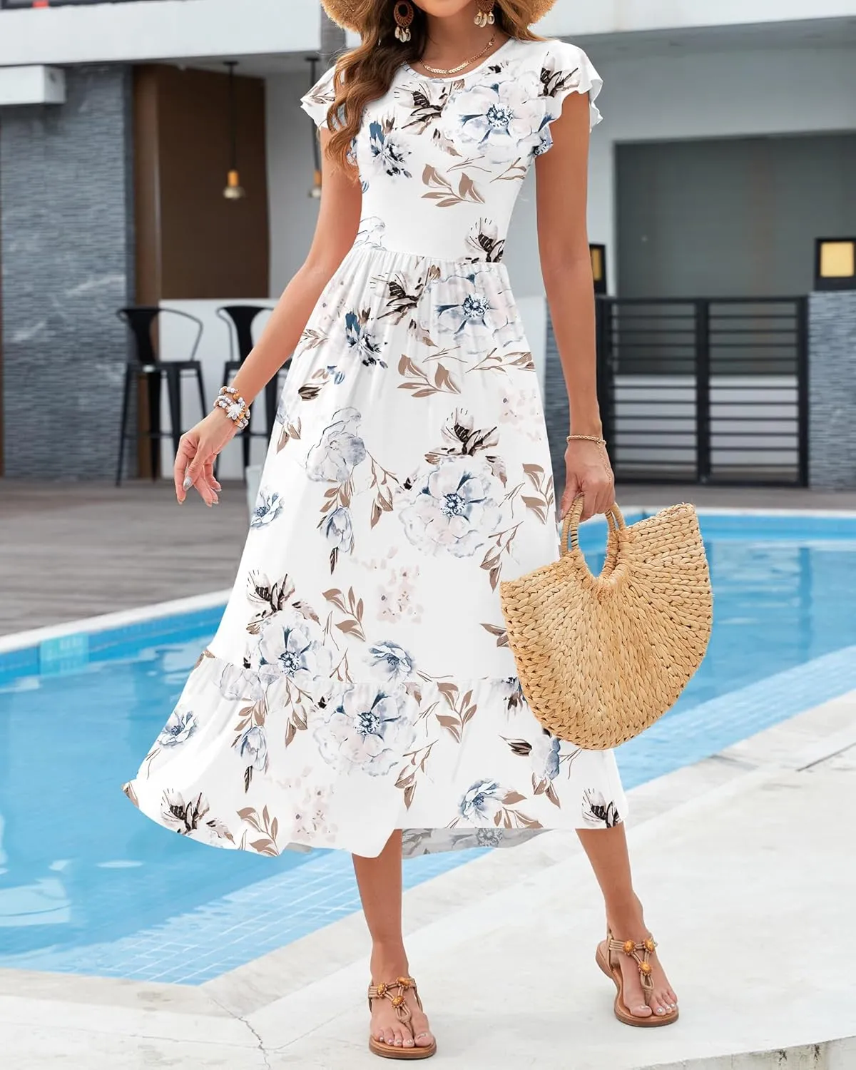 AUSELILY Womens Summer Maxi Dresses 2025 Casual Ruffle Sleeve Crewneck Loose Flowy Tiered Beach Sundress with Pockets
