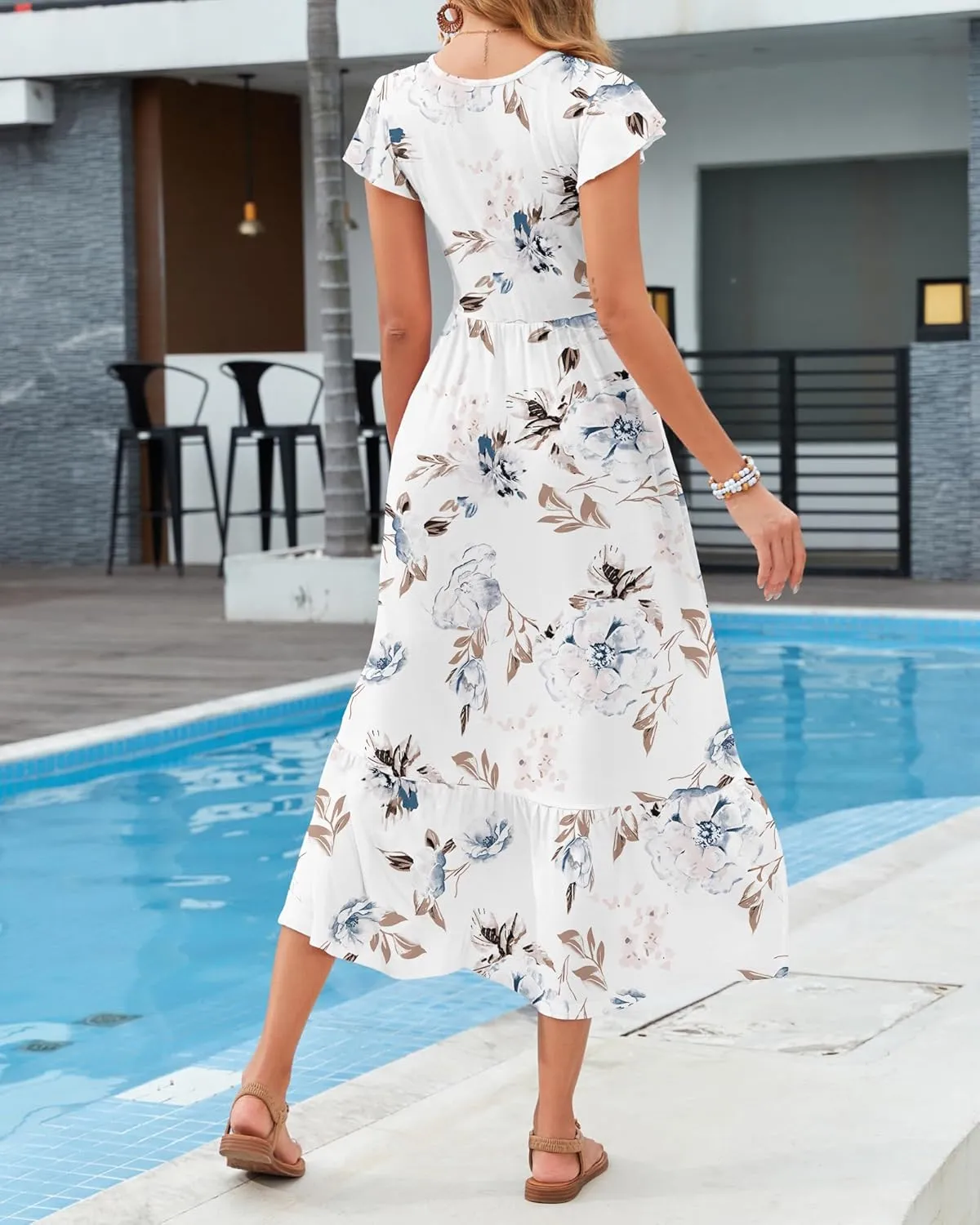 AUSELILY Womens Summer Maxi Dresses 2025 Casual Ruffle Sleeve Crewneck Loose Flowy Tiered Beach Sundress with Pockets