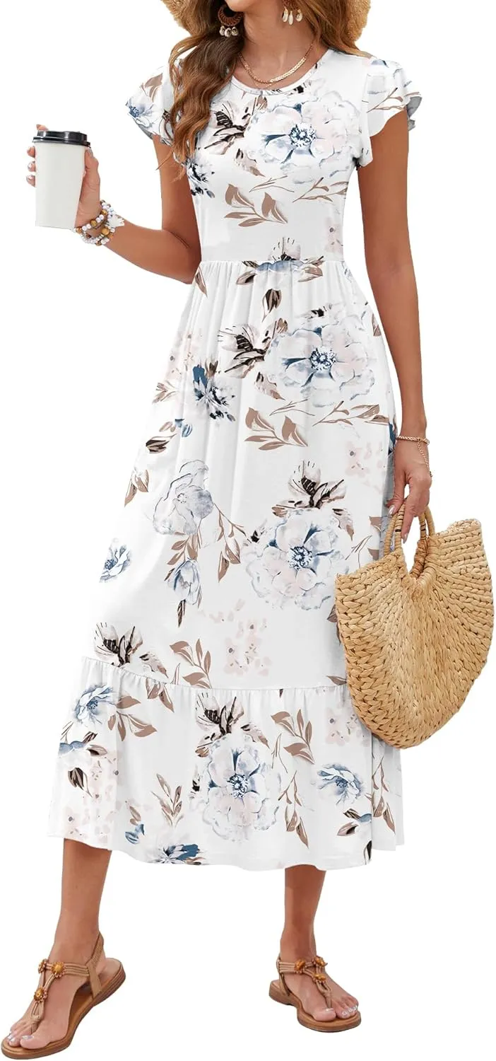 AUSELILY Womens Summer Maxi Dresses 2025 Casual Ruffle Sleeve Crewneck Loose Flowy Tiered Beach Sundress with Pockets