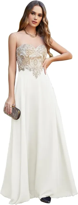 BABYONLINE D.R.E.S.S. Women's Sequin Rhinestone Gold Lace Prom Dress A-Line Elegant Long Chiffon Evening Dresses