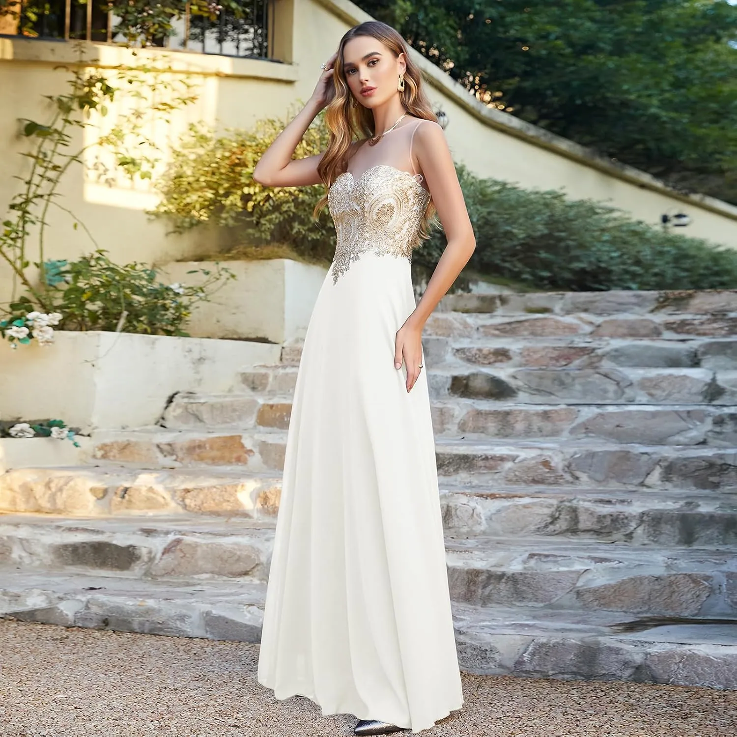 BABYONLINE D.R.E.S.S. Women's Sequin Rhinestone Gold Lace Prom Dress A-Line Elegant Long Chiffon Evening Dresses