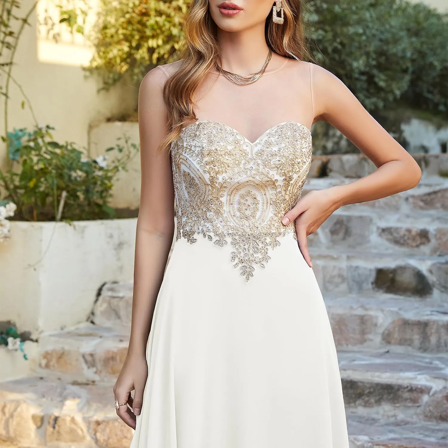 BABYONLINE D.R.E.S.S. Women's Sequin Rhinestone Gold Lace Prom Dress A-Line Elegant Long Chiffon Evening Dresses