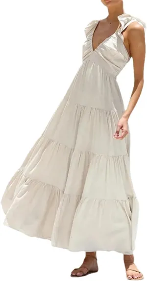 Bciopll Women Summer Cotton Dress Sexy V-Neck Sleeveless Solid Sundress Holiday Beach A-Line Maxi Dresses
