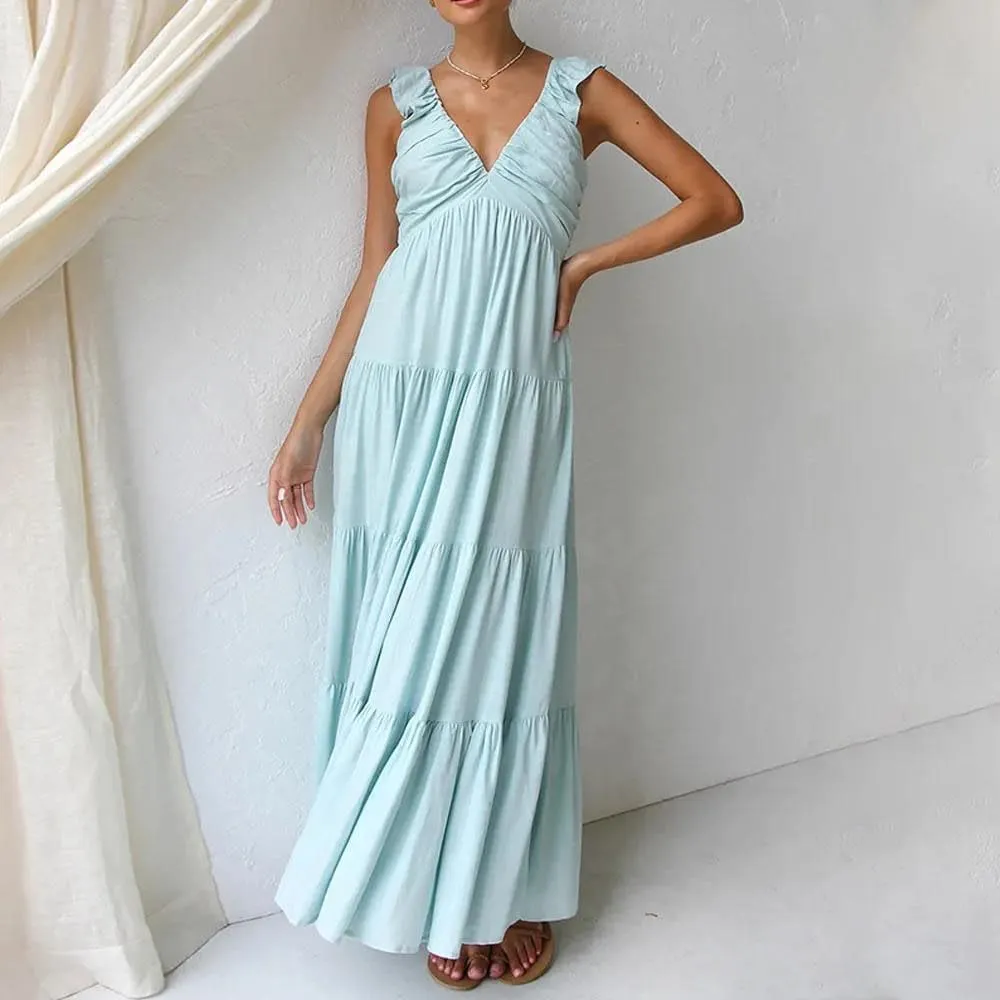Bciopll Women Summer Cotton Dress Sexy V-Neck Sleeveless Solid Sundress Holiday Beach A-Line Maxi Dresses