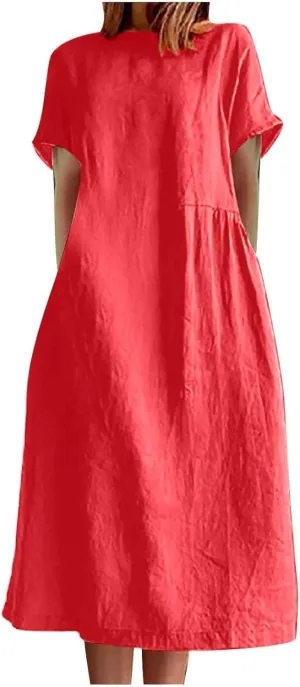 Beach Dresses for Women 2025 Vacation Summer Short Sleeve Cotton Linen Midi Dress Flowy Dresses Shirt Dress with Pocket