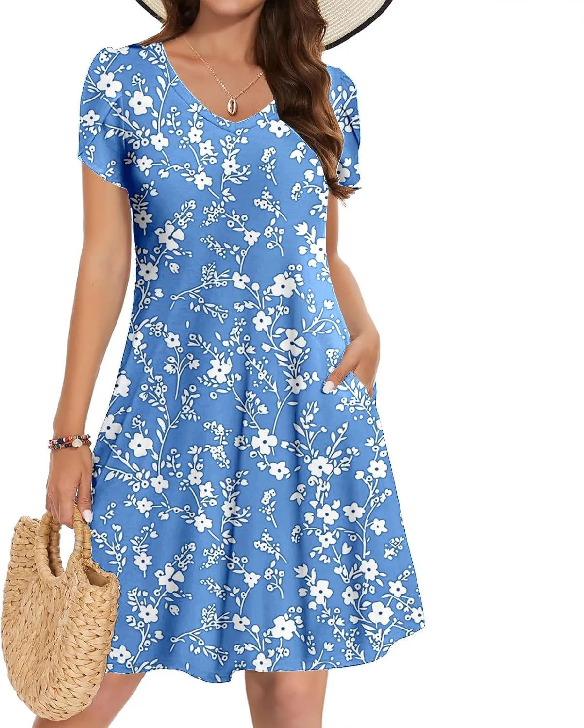 Beach Dresses for Women Casual V-Neck Short Sleeve Bohemian Print Sundress Summer Floral Fashion Dress 2025