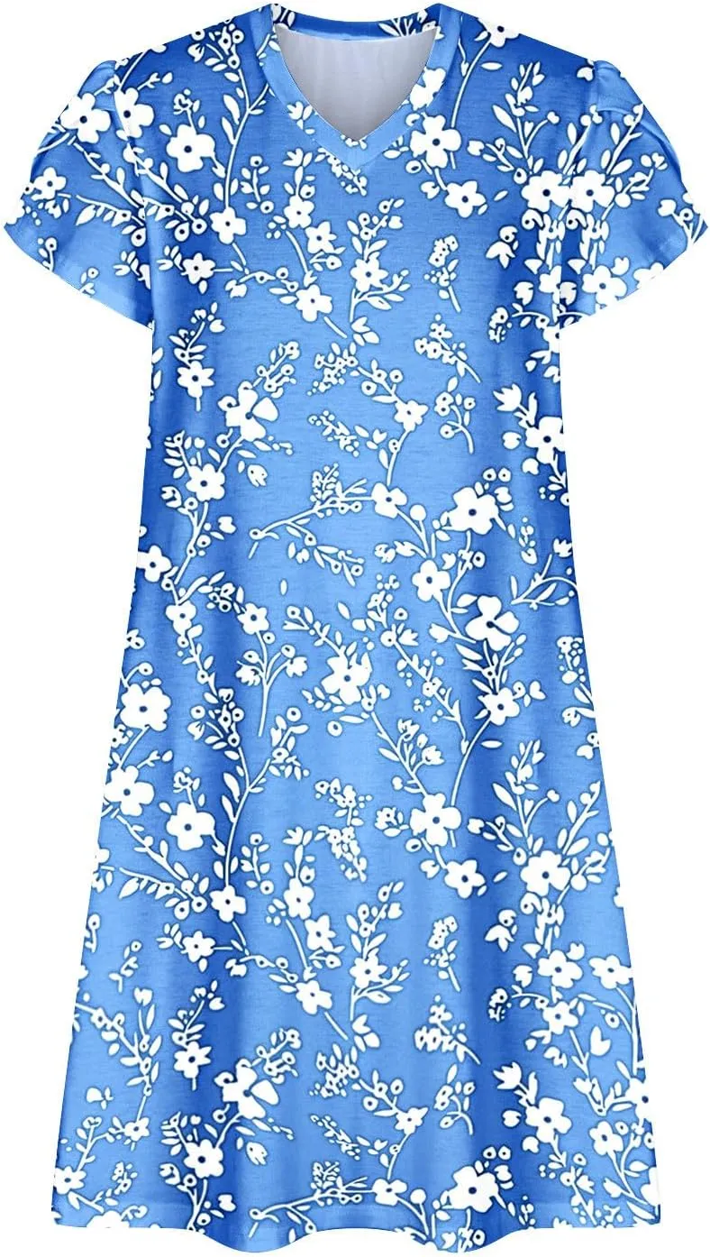 Beach Dresses for Women Casual V-Neck Short Sleeve Bohemian Print Sundress Summer Floral Fashion Dress 2025