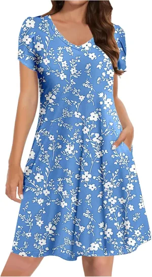 Beach Dresses for Women Casual V-Neck Short Sleeve Bohemian Print Sundress Summer Floral Fashion Dress 2025