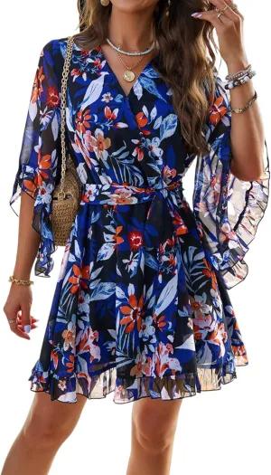 Beautiful Nomad Women's Summer V Neck Dress Casual Flowy Floral Elegant Mini Short Swing Skater Dresses