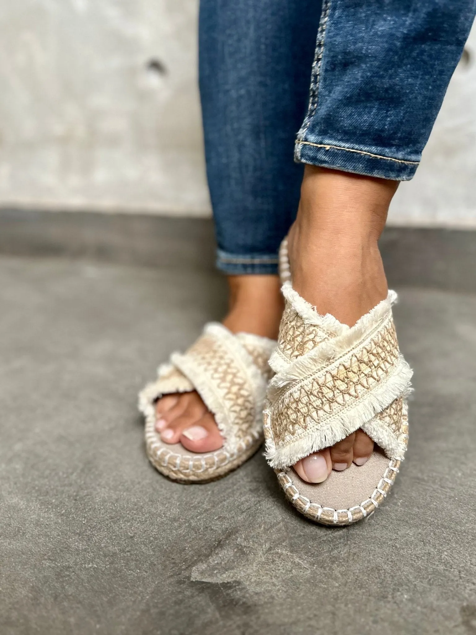 Beige Criss Cross Woven Slides