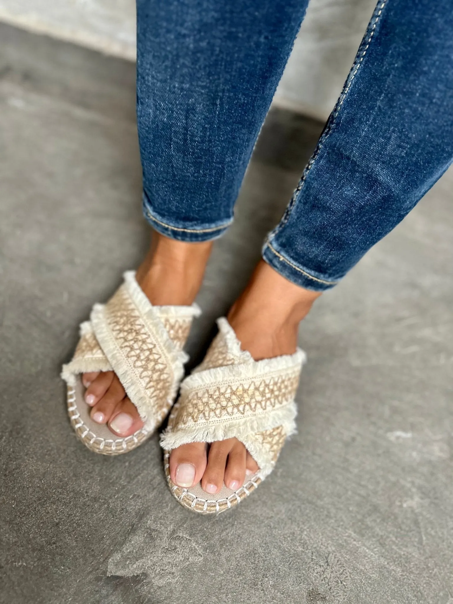 Beige Criss Cross Woven Slides