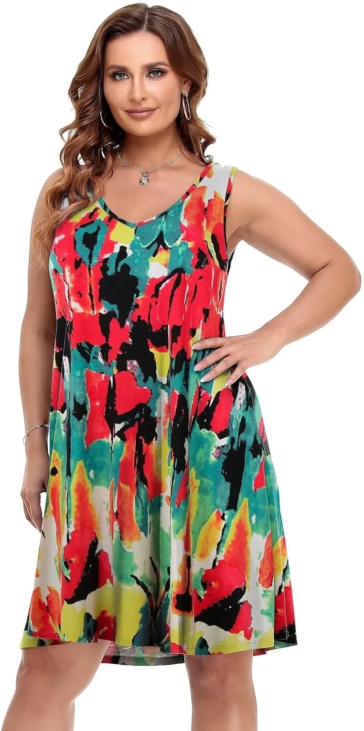 BELAROI Women Casual Summer Dresses Plus Size Sundress V Neck Swing Tank Dress Sleeveless Criss-Cross Beach Cover Ups Pockets