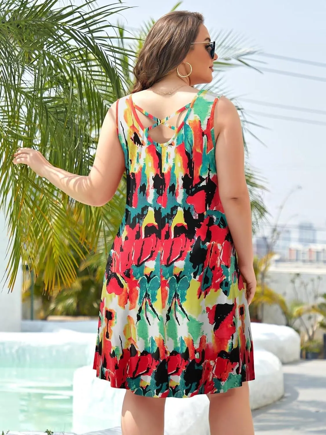 BELAROI Women Casual Summer Dresses Plus Size Sundress V Neck Swing Tank Dress Sleeveless Criss-Cross Beach Cover Ups Pockets