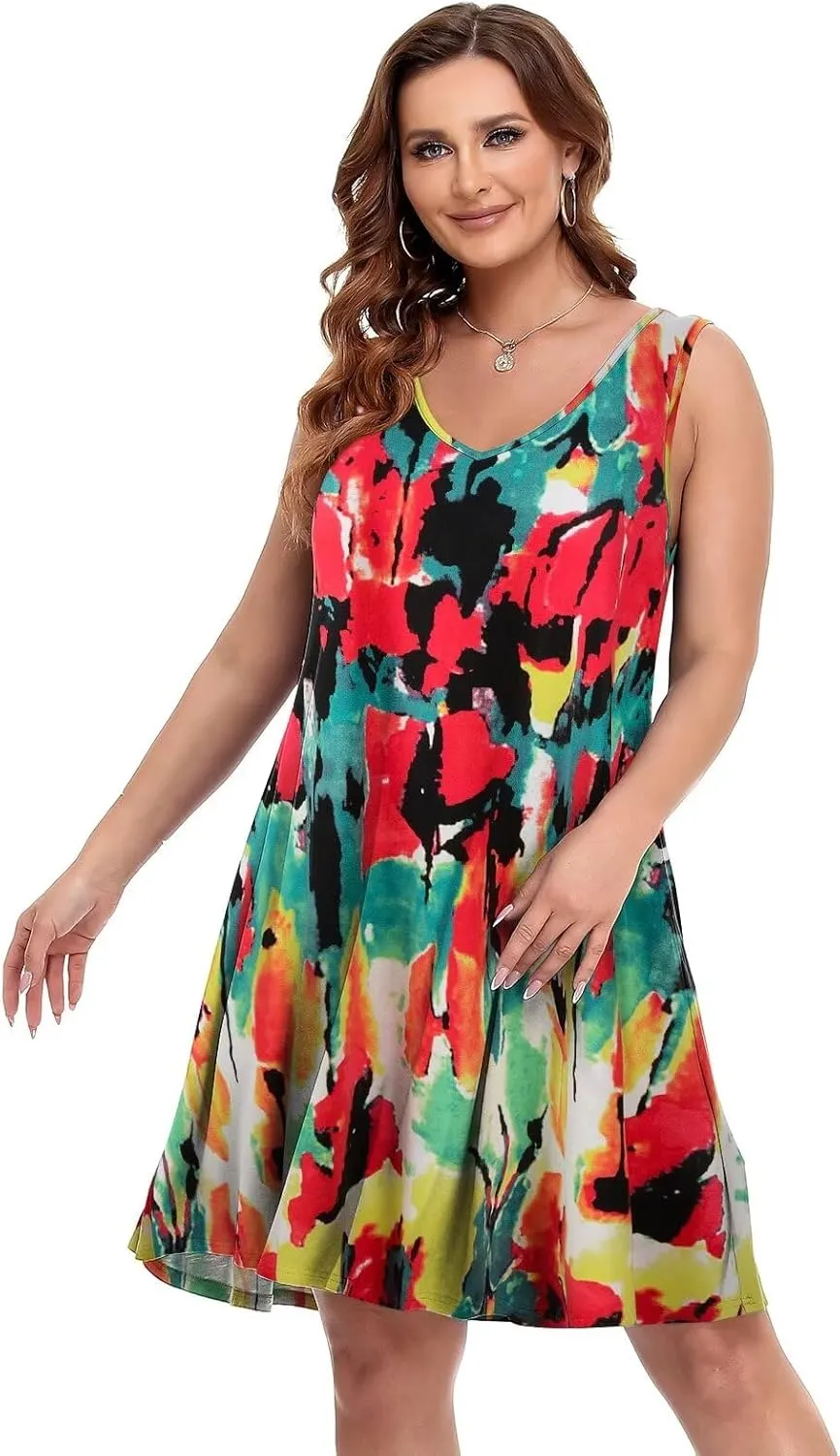 BELAROI Women Casual Summer Dresses Plus Size Sundress V Neck Swing Tank Dress Sleeveless Criss-Cross Beach Cover Ups Pockets