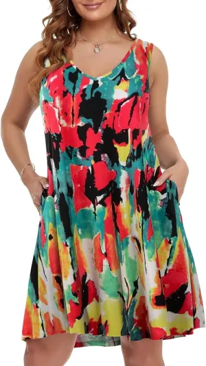 BELAROI Women Casual Summer Dresses Plus Size Sundress V Neck Swing Tank Dress Sleeveless Criss-Cross Beach Cover Ups Pockets