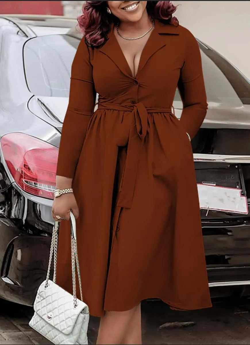 BFFBABY Fall Dresses for Women Plus Size Casual Long Sleeve V Neck A Line Midi Dresses with Belt Pockets