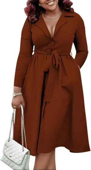 BFFBABY Fall Dresses for Women Plus Size Casual Long Sleeve V Neck A Line Midi Dresses with Belt Pockets