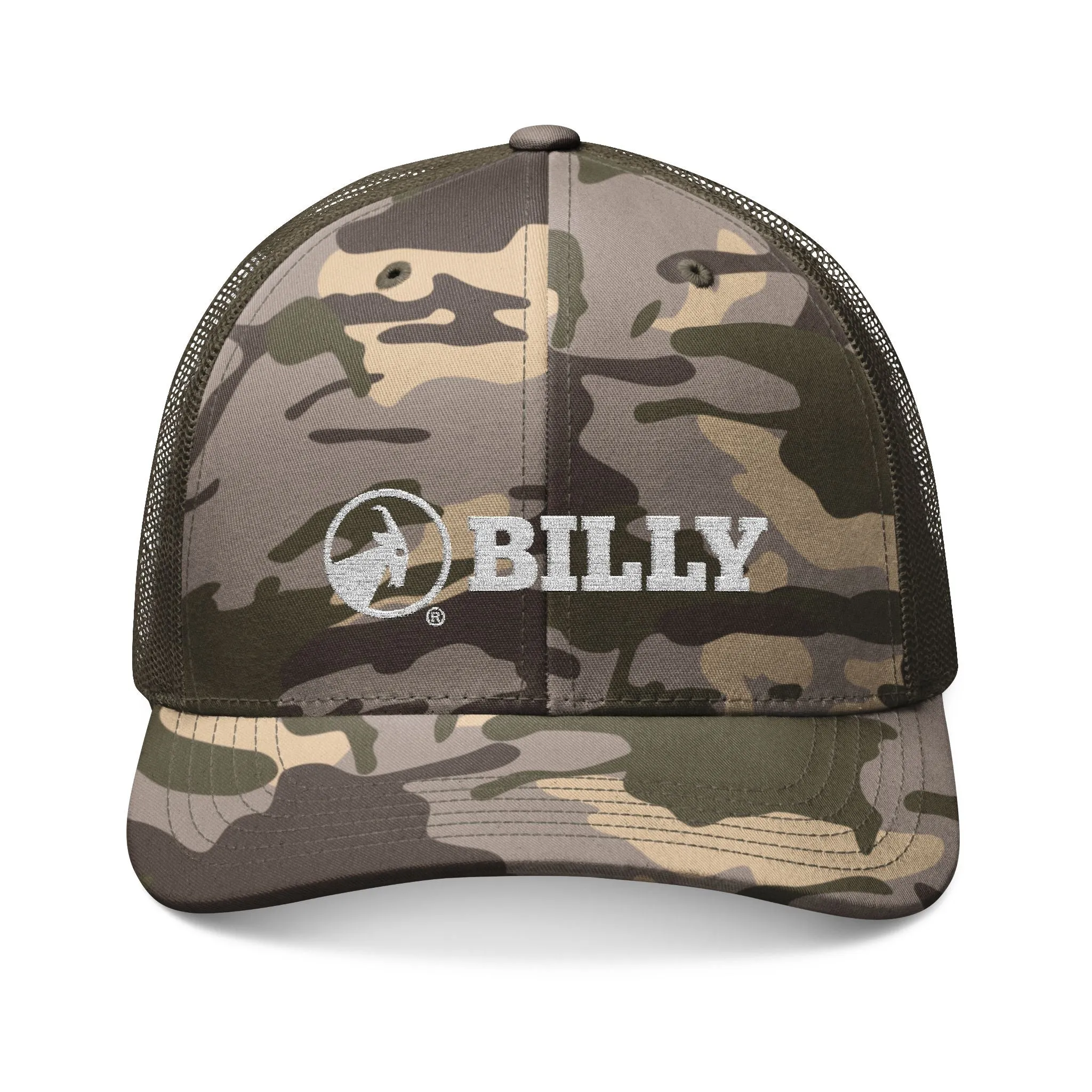 BILLY Camouflage Trucker Hat (White Horizontal Logo - Embroidery) — AVAILABLE IN 3 COLORS