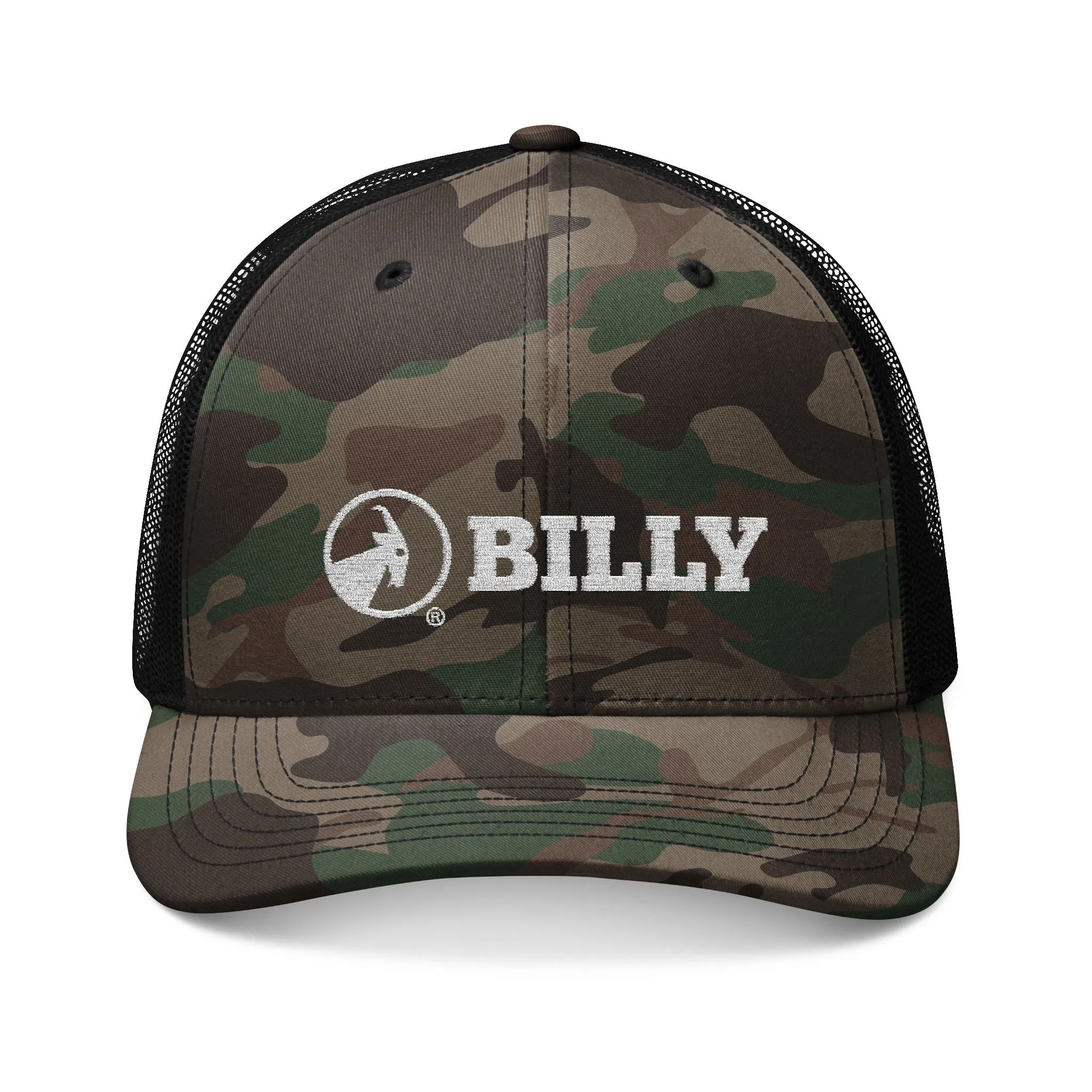 BILLY Camouflage Trucker Hat (White Horizontal Logo - Embroidery) — AVAILABLE IN 3 COLORS