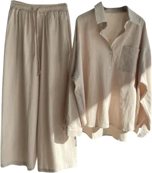 Binmer Women 2 Piece Linen Sets 2024 Button Down Shirt Long Pants Tracksuit Casual Plus Size Summer Outfits Loungwear