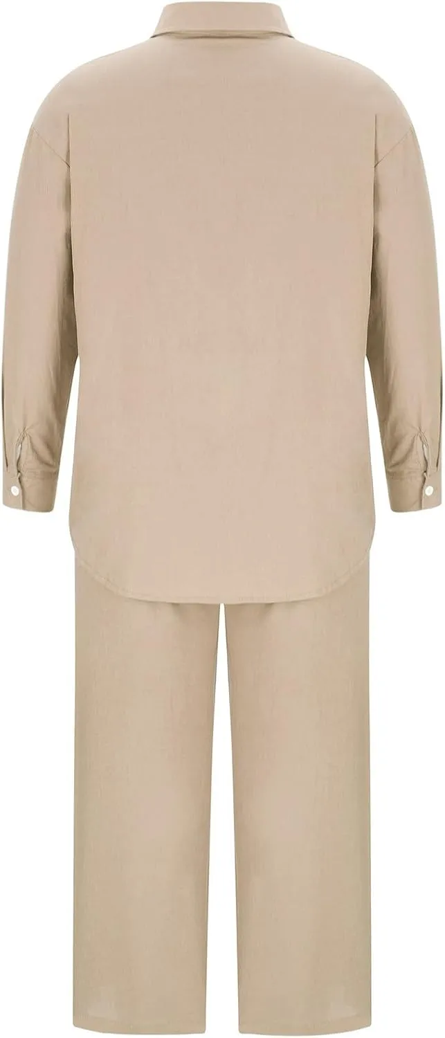 Binmer Women 2 Piece Linen Sets 2024 Button Down Shirt Long Pants Tracksuit Casual Plus Size Summer Outfits Loungwear