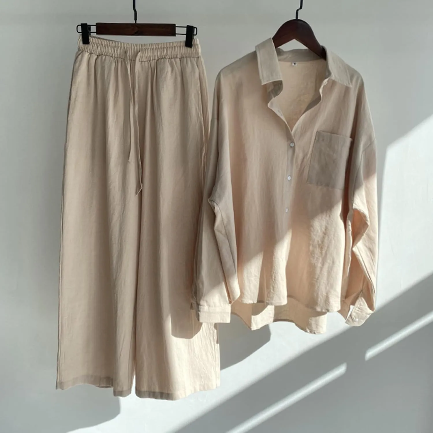Binmer Women 2 Piece Linen Sets 2024 Button Down Shirt Long Pants Tracksuit Casual Plus Size Summer Outfits Loungwear