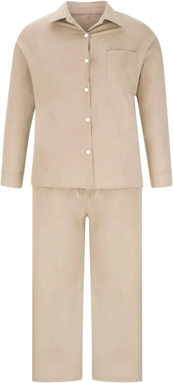 Binmer Women 2 Piece Linen Sets 2024 Button Down Shirt Long Pants Tracksuit Casual Plus Size Summer Outfits Loungwear