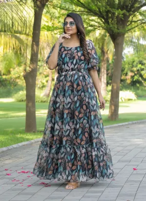 Black Elegant Georgette Maxi Dress with Ruffle Flair