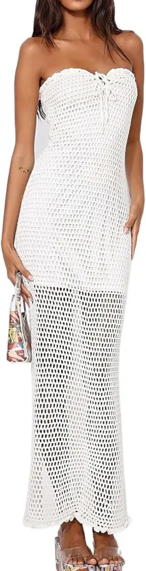 Bodycon Dresses for Women Summer Knit Hollow Out Sexy Night Out Midi Maxi Dress Sleeveless Long Cut Out Dress