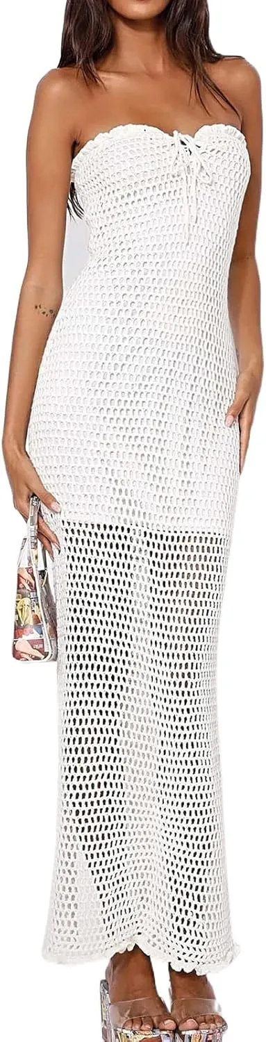 Bodycon Dresses for Women Summer Knit Hollow Out Sexy Night Out Midi Maxi Dress Sleeveless Long Cut Out Dress