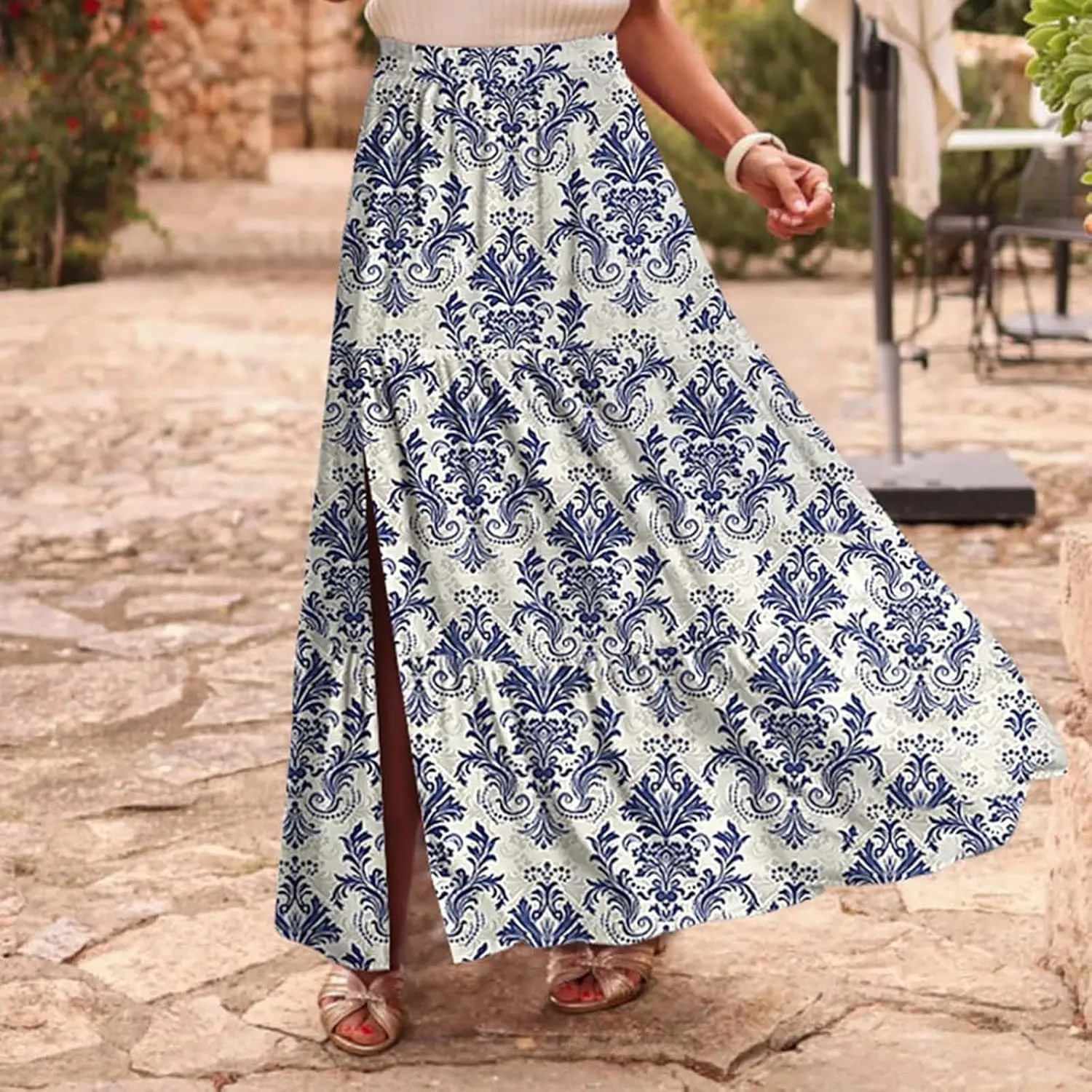 Bohemian Floral Skirts for Women High Waist Pleated Beach Skirt Trendy Ladies Boho Vacation Skirts with Slit
