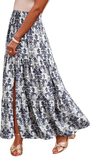 Bohemian Floral Skirts for Women High Waist Pleated Beach Skirt Trendy Ladies Boho Vacation Skirts with Slit