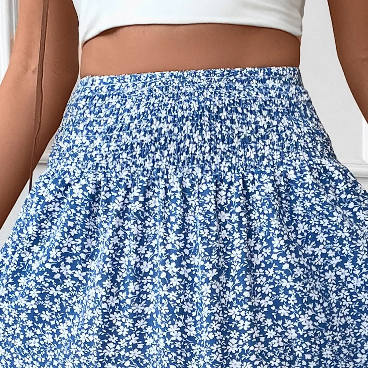 Bohemian Skirts for Women Trendy Country Floral Festival Smocked Beach Flutter Travel Elastic Waist Peasant Swing Skirts