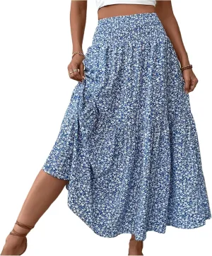 Bohemian Skirts for Women Trendy Country Floral Festival Smocked Beach Flutter Travel Elastic Waist Peasant Swing Skirts