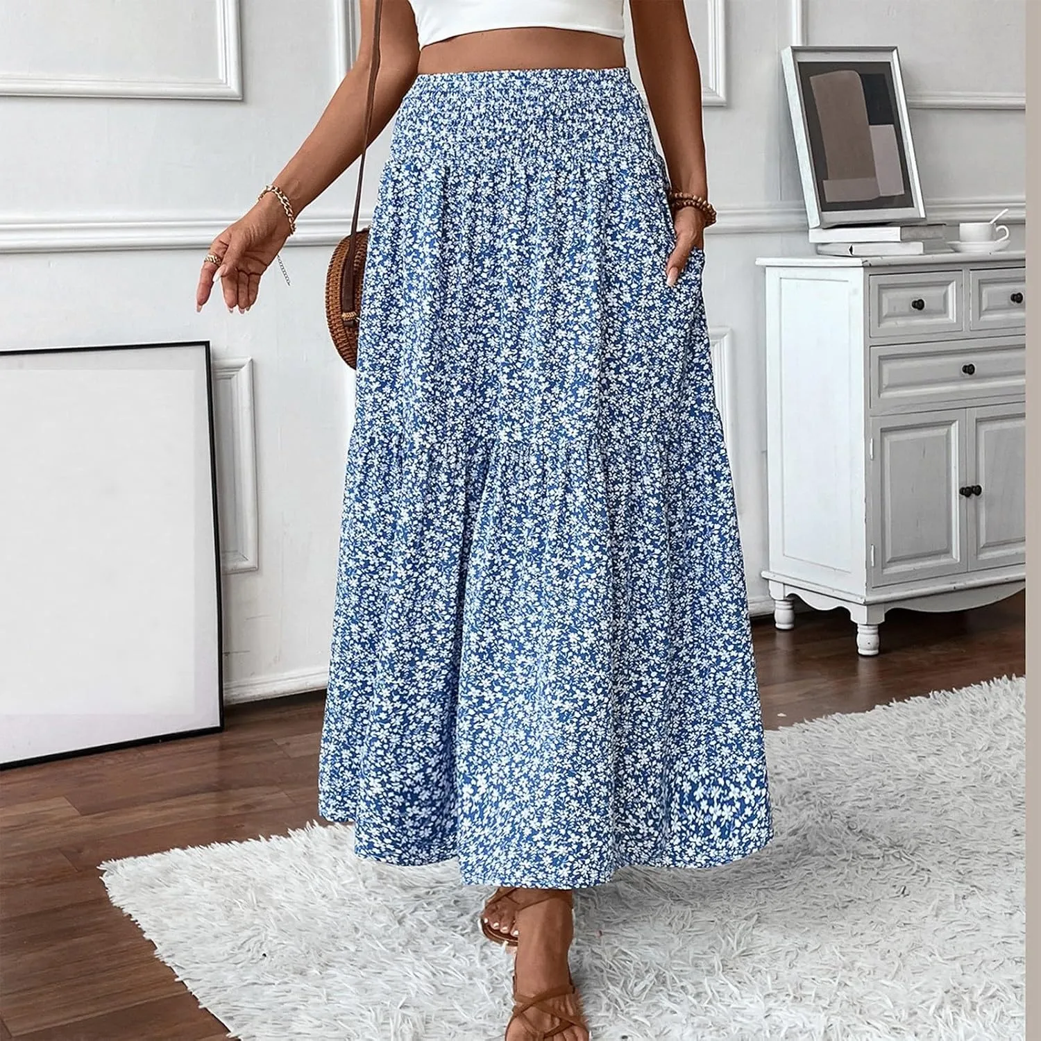 Bohemian Skirts for Women Trendy Country Floral Festival Smocked Beach Flutter Travel Elastic Waist Peasant Swing Skirts